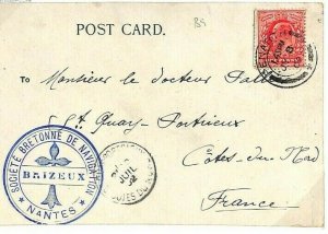 GB MARITIME Postcard Wales Penarth Superb PILOTS CACHET France Nantes 1902 AD118