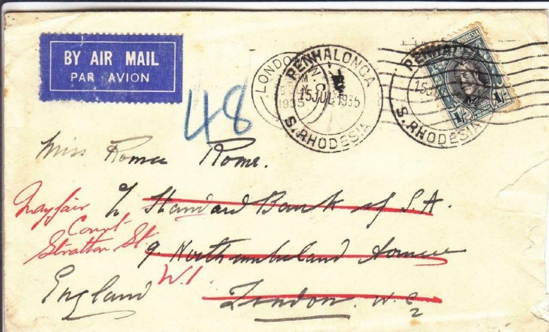 1935, Penhaloga, South Rhodesia to London, England, Forwarded (30379)