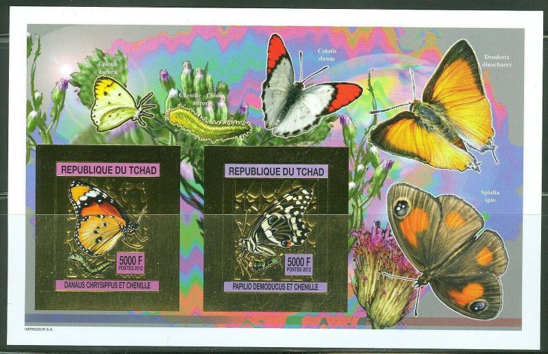 CHAD  2013 BUTTERFLIES  GOLD FOIL COLLECTIVE SHEETLET OF TWO IMPRF   MINT NH 