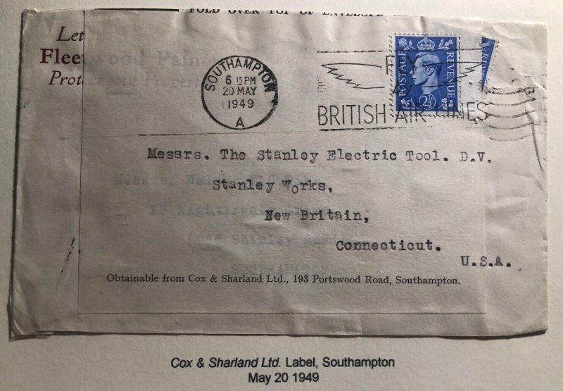 1949 Southampton England Commercial Economy Label Cover To New Britain CT USA