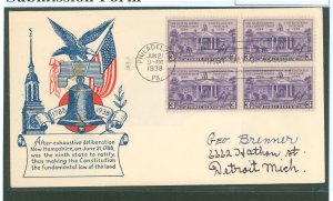 US 835 1938 3c Constitution Radification (block of 4) on an addressed FDC with a Clifford Cachet