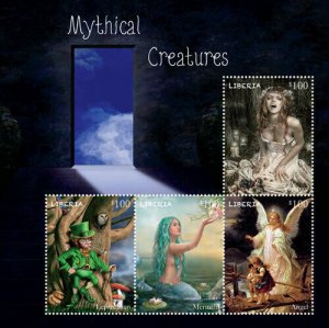 Liberia 2014 - MYTHICAL CREATURES - LEPRECHAUN Mermaid Vampire -Sheet of 4 - MNH
