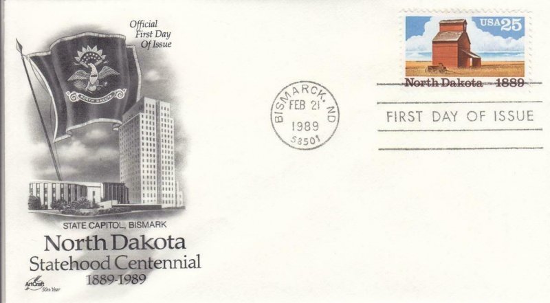 1989, 100th Anniv. North Dakota Statehood, Artcraft, FDC (D14505)