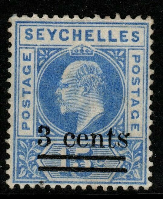 SEYCHELLES SG57a 1903 3c on 15c ULTRAMARINE DENTED FRAME MTD MINT