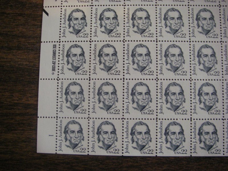 Scott 1863a, 22c John J. Audubon, Sheet of 100, LM pos 3 & 10 MNH Great American