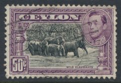 Ceylon  SG 394d   SC# 286e Used perf 11½ x 11 Wild Elephants see detail & scan