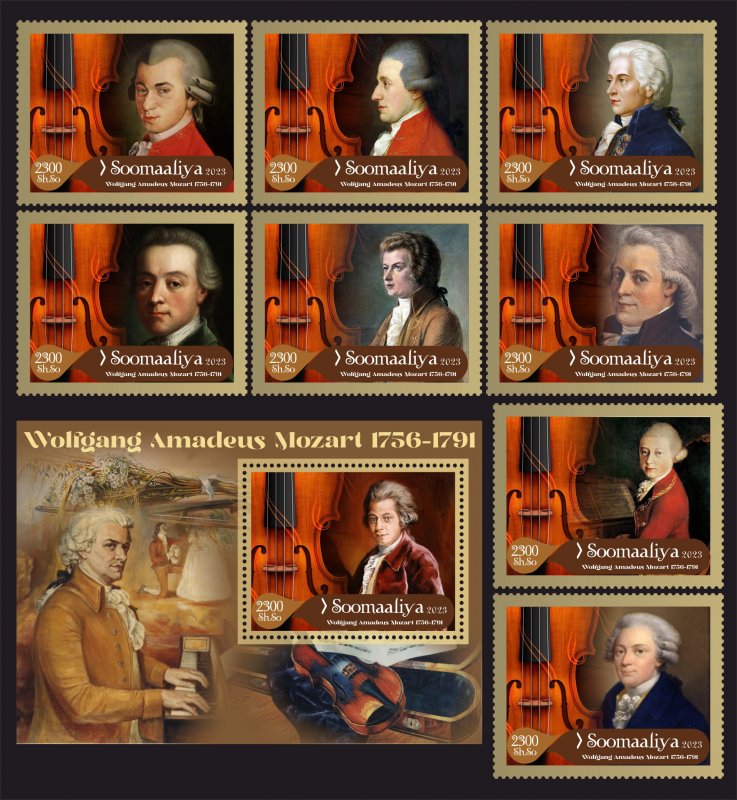 Stamps. Music by Wolfgang Mozart 2023 year 1 block + 8 stamps perf Somalia