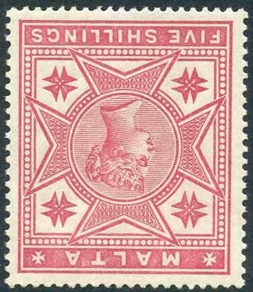 Malta SG30w 1886 5/- Rose Wmk Crown CC INVERTED Fresh Colour M/M Cat 160 pounds