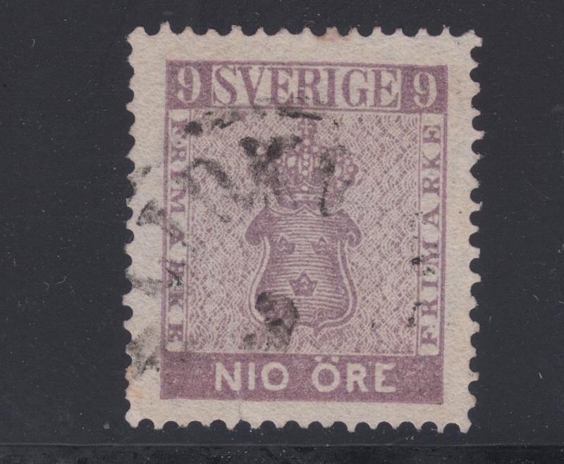Sweden Sc 7 used. 1858 9ö violet Coat of Arms, minor fault, CV $275