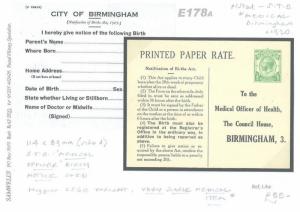 GB KGV MEDICAL STO Postal Stationery Card 1920 Birmingham BIRTH Mint Rare E178a 