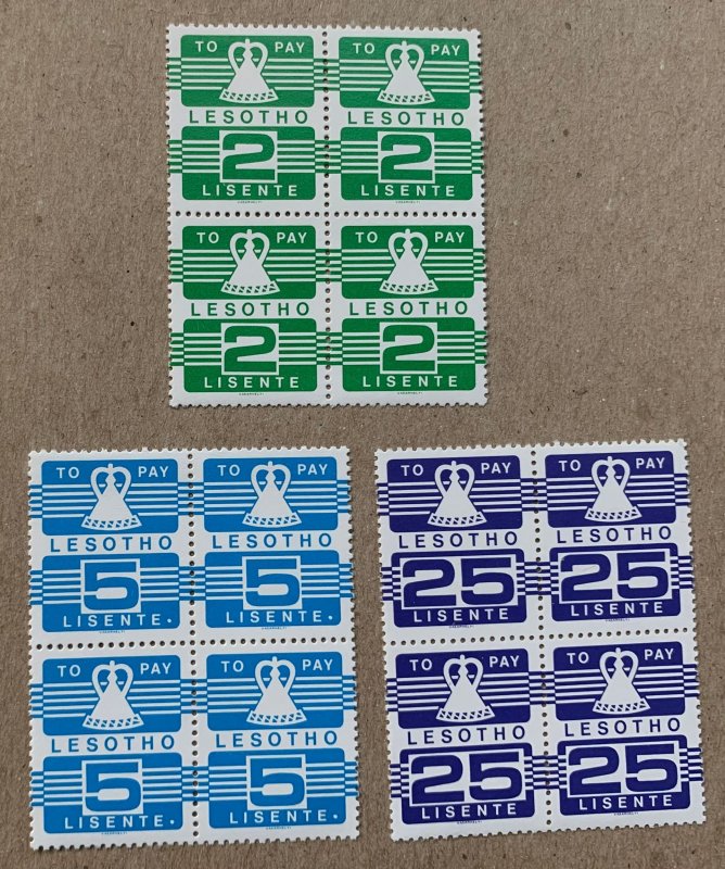 Lesotho 1986 dues complete set in blocks, MNH. Scott J9-J11, CV $6.60