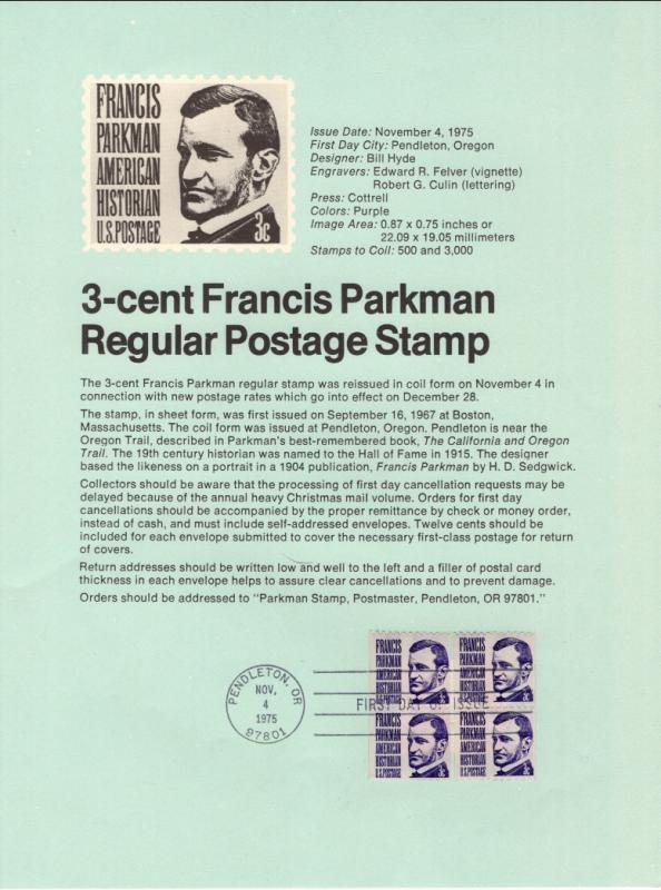 US SP296 Francis Parkman 1247 Souvenir Page FDC