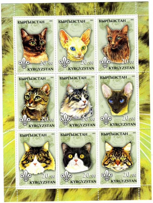 Kyrgyzstan 2001 DOMESTIC CATS Scout Emblem Sheet (9) Perforated Mint (NH)