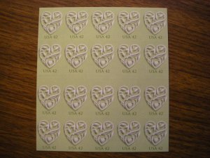 Scott 4271a, 42c Wedding Heart, #P1111, Pane of 20, MNH Booklet Beauty