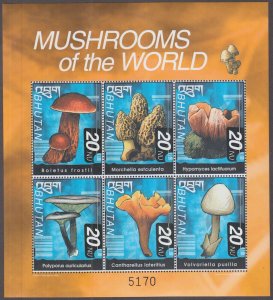 BHUTAN Sc # 1269a-f. S/S of 6 DIFF MUSHROOMS of the WORLD