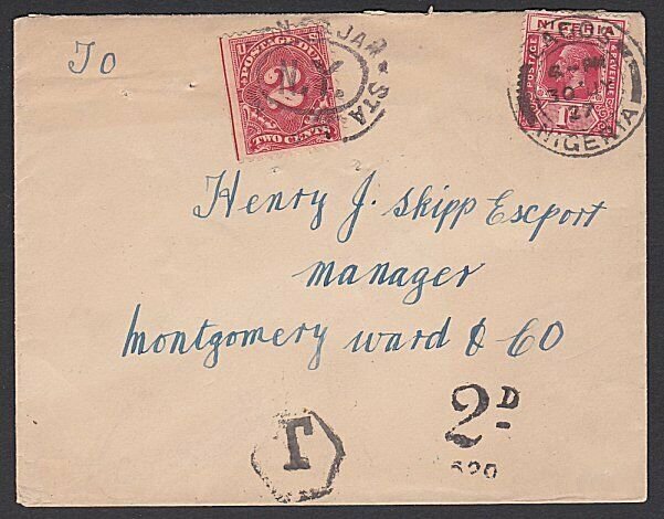 NIGERIA 1927 cover Lagos to USA - Nigerian T tax mark and US 2c Due.........H904