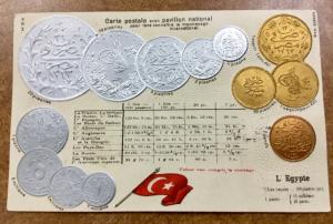 EGYPT 1908  EMBOSSED GOLD, SILVER & COPPER COINS POSTCARD to Finland