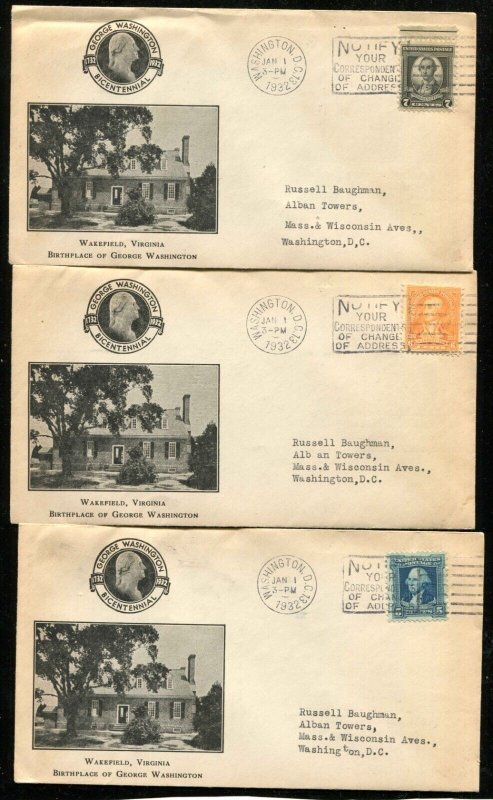 FDC #704-715 L. Kerr Cachet 1932 Washington Bicentennial M-8 Matched Set of 12