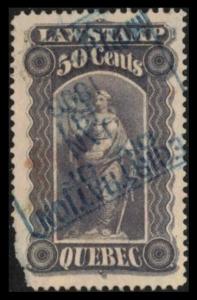 QUEBEC REVENUE 1893 VINTAGE 50c #QL36 SCARCE LAW STAMP CDS JAN 18 1896 C SCAN