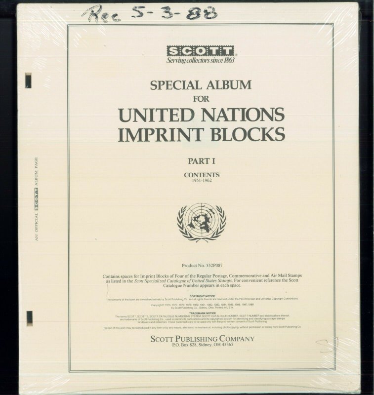 1951-1962 Scott United Nations Imprint Blocks Stamp Album Supplement Part: I