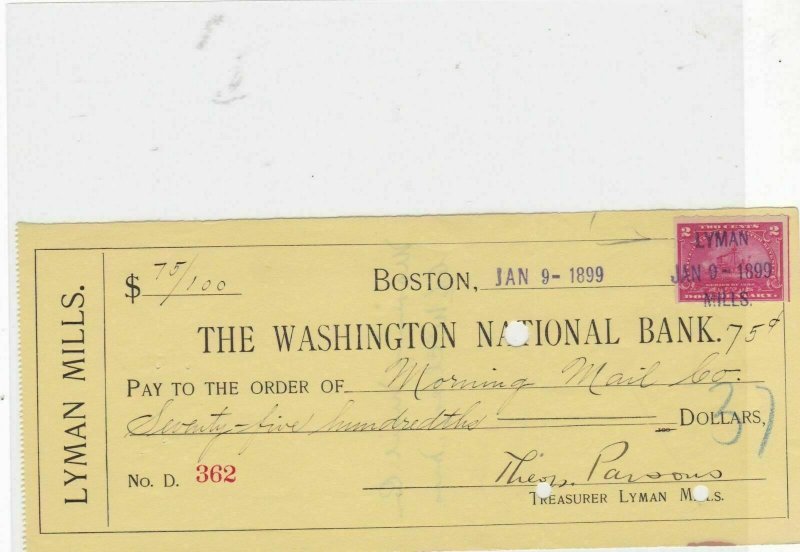 united states 1899 bank cheque with revenue stamp ref 20710