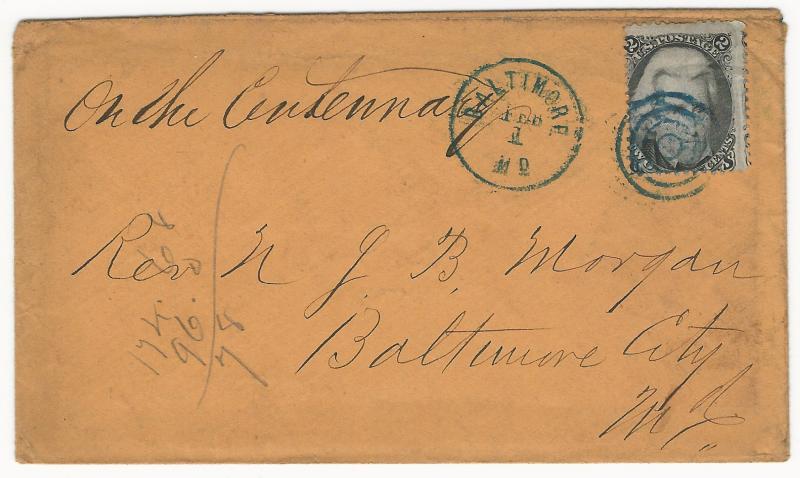 U.S., Scott #73 Used on Cover to Baltimore, MD, 2 Blue Postal Markings