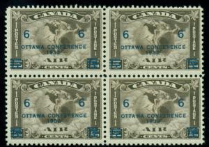 CANADA #C4 6¢ Airmail Ovpt, Block of 4, og, 2NH/2LH, VF, Scott for singles $220.