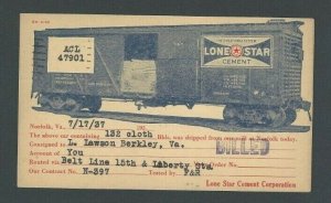 1937 Norfolk Va Illustrated Freight Car W/Lone Star Cement Ad On Delivery Of---