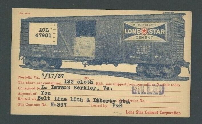 1937 Norfolk Va Illustrated Freight Car W/Lone Star Cement Ad On Delivery Of---