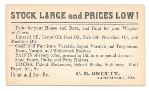 UX5 1870s Postal Card Preprinted Advertisement Druggist C E Orcutt Jamesport MO