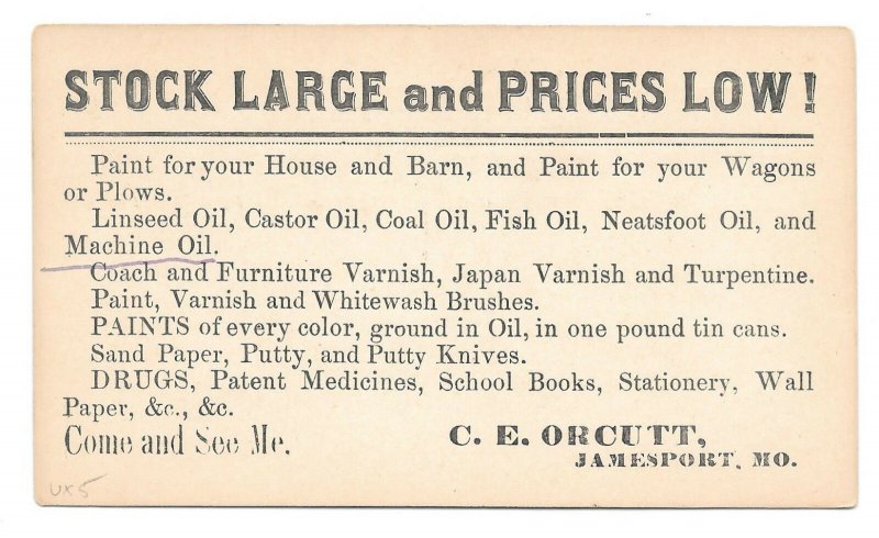 UX5 1870s Postal Card Preprinted Advertisement Druggist C E Orcutt Jamesport MO