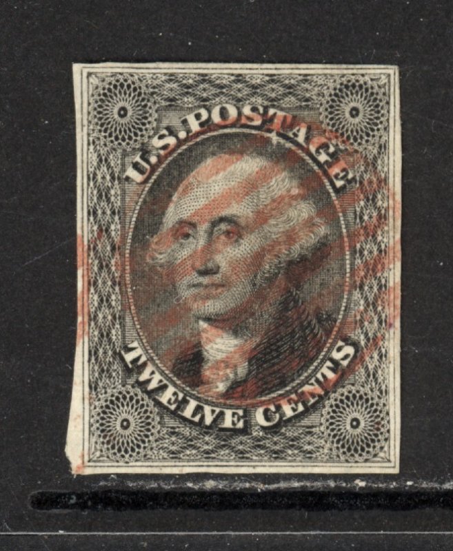 SCOTT 17 1851 12 CENT WASHINGTON ISSUE TYPE I USED RED CANCEL VF CAT $260!