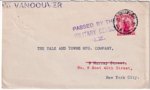 NZ PASSED BY MILITARY CENSOR-1915 SON WELLINGTON,TO NEW YORK COVER VIA VAMCOUVER