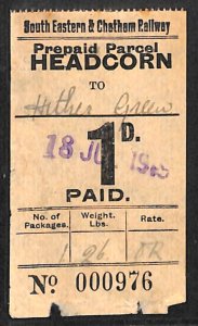 GB Kent SECR RAILWAY Parcel Stamp 1d *HEADCORN* STATION 1919 Hither Green VS220