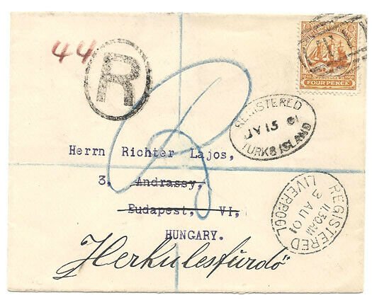 TURKS & CAICOS 1901 4d Ship on registered cover to Hungary - T1 cancel....32999A