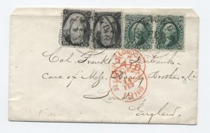 1866 blackjack #73x2, 10ct 1861 #68x2 railroad cover to England [6703]