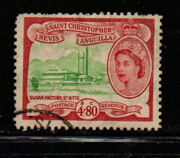 St  Kitts-Nevis Sc 134 1954 $4.80 QE II & Sugar Factory stamp used