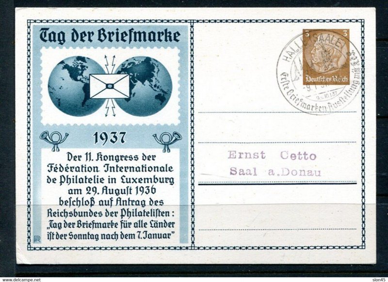 Germany 1937 PS Card Tag der Briefmarke Special cancel  13280 