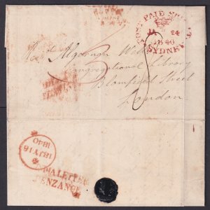 INDIA LETTER PENZANCE - 1840 folded letter from SYDNEY, AUSTRALIA to London