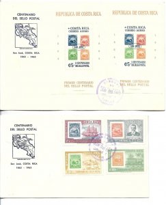 COSTA RICA 1963 CENTENARY OF POSTAGE STAMPS COMPLETE SET ON 2 FIRST DAY COVERS
