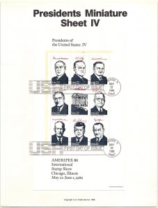 USPS SOUVENIR PAGE PRESIDENTS OF THE UNITED STATES SHEET IV AMERIPEX '86