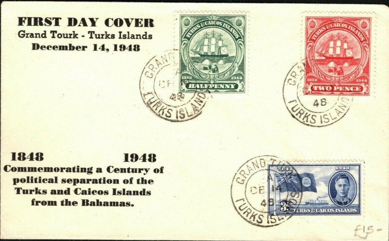 TURKS & CAICOS FDC Centenary KGVI First Day Cover 1948{samwells-covers}PB325