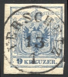 AUSTRIA 1850 9kr Sc 5 HP, VERSCHETZ  Temes District, Hungary postmark/cancel