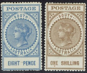 SOUTH AUSTRALIA 1906 QV THICK POSTAGE 8D AND 1/- WMK CROWN/A