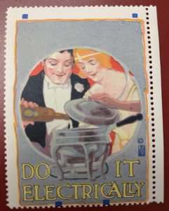 Do It Electrically, Early Poster Stamp showing a Man and Woman Preparing Food