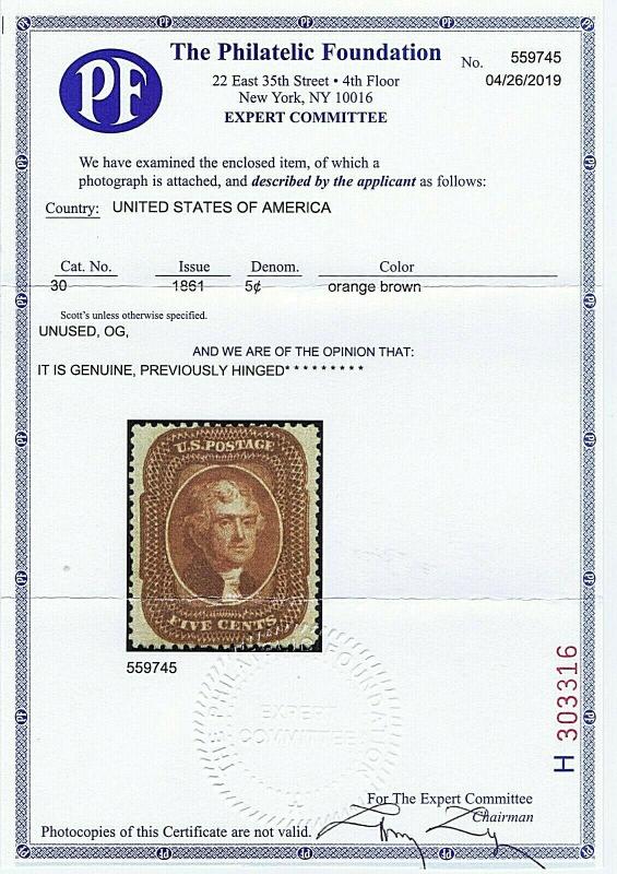 SC# 30 UNUSED ORIG GUM PREV HINGED 5C JEFFERSON 1861, 2019 PF CERT, HIGH CAT VAL