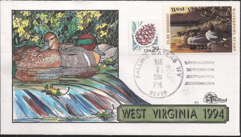 Collins Hand Painted Milford Series FDC for West Virginia 1994 Waterfowl Stamp