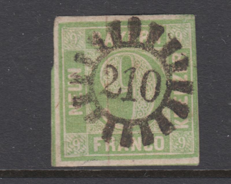 Bavaria Sc 6 used. 1850-58 9kr yellow green Numeral, 210 closed Millwheel cancel