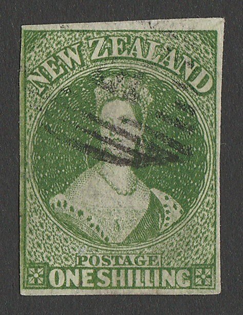 NEW ZEALAND 1862 QV Chalon 1/-, imperf, pelure paper, no wmk. NZ cat $3500. 