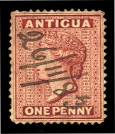 Antigua #5 Cat$22.50, 1872 1p lake, manuscript cancel